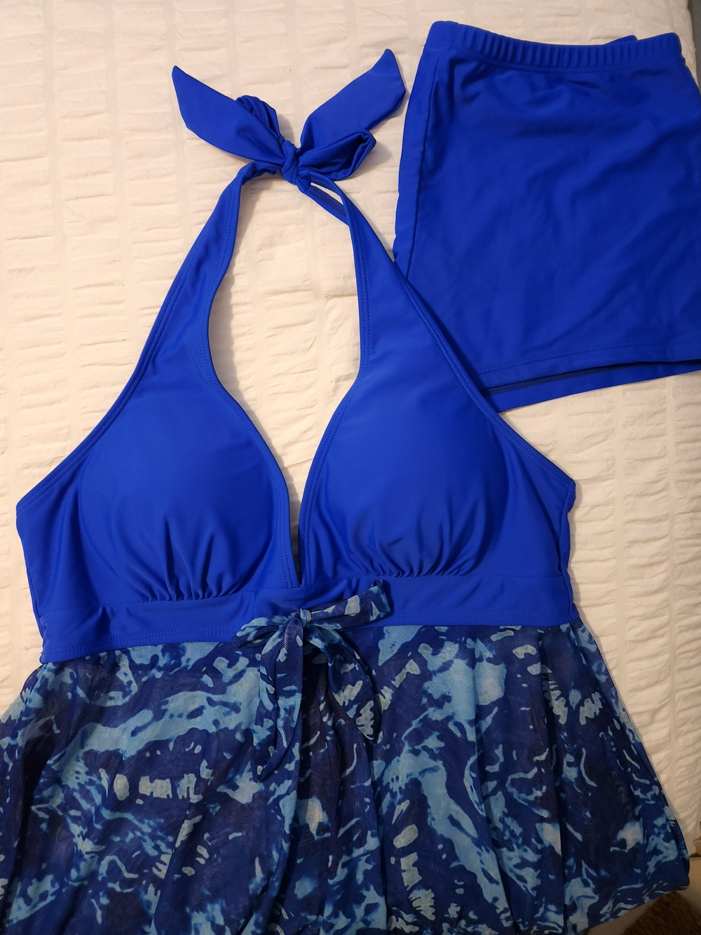 Royal Blue Halter Tankini with Printed Skirt